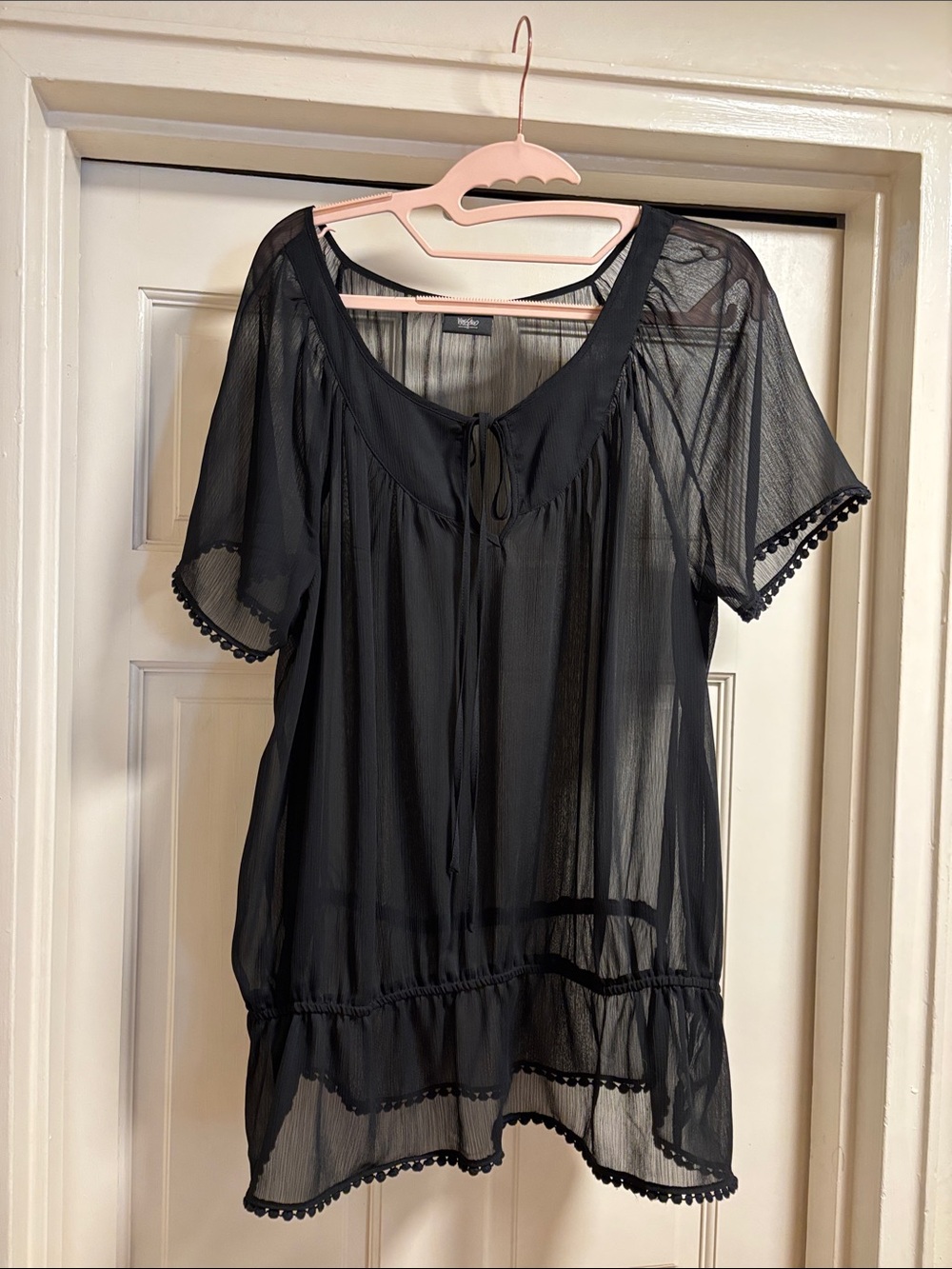 Target Black Sheer Peasant Blouse with Tie Neck